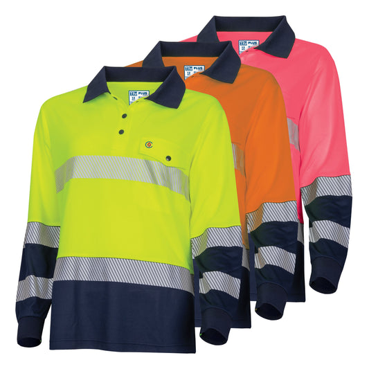 Recycled Womens Anti-Microbial Micromesh L/S Two Tone Hi-Vis Polo Shirt With Segmented Tape