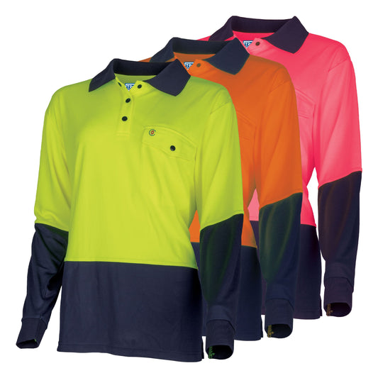 Recycled Womens Anti-Microbial Micromesh L/S Two Tone Hi-Vis Polo Shirt